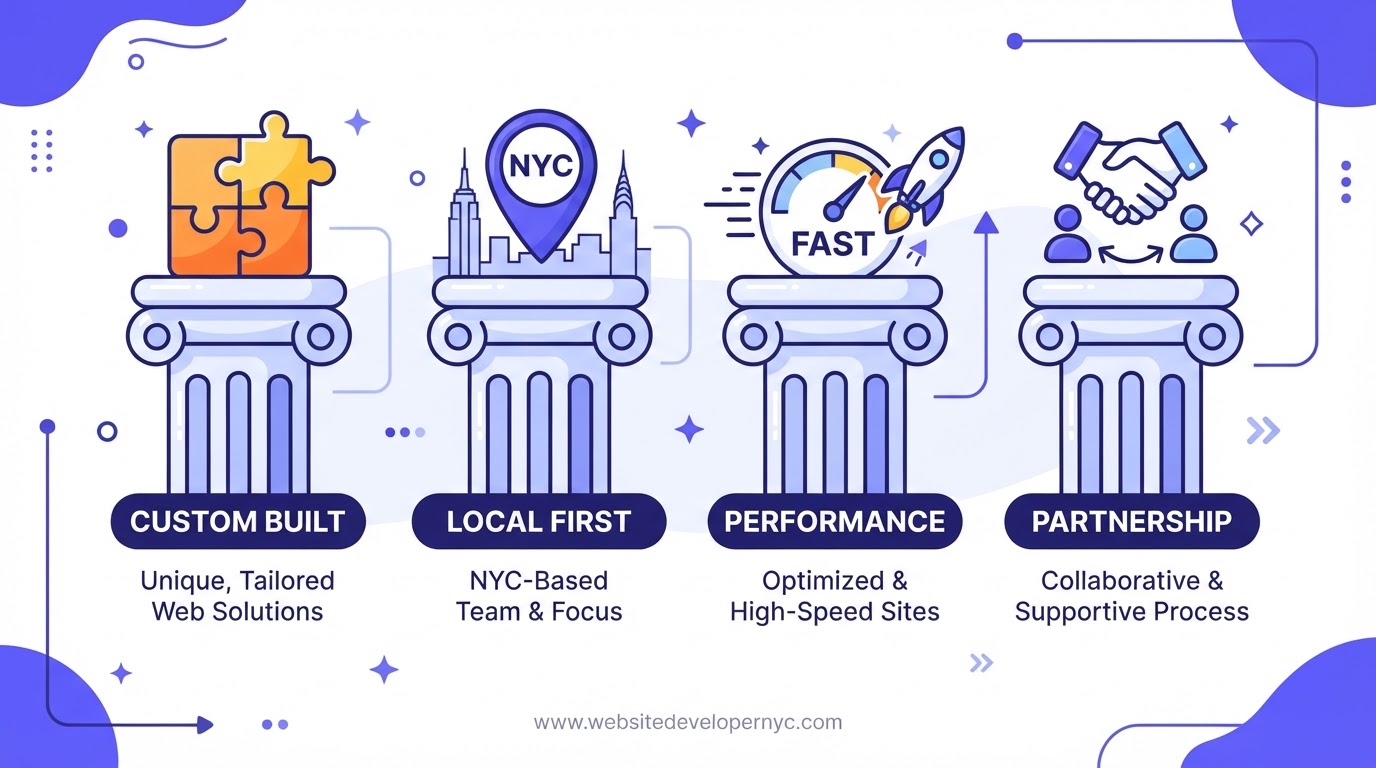 Cartoon illustration of SITEBOW's core values: custom built, local first, performance, partnership