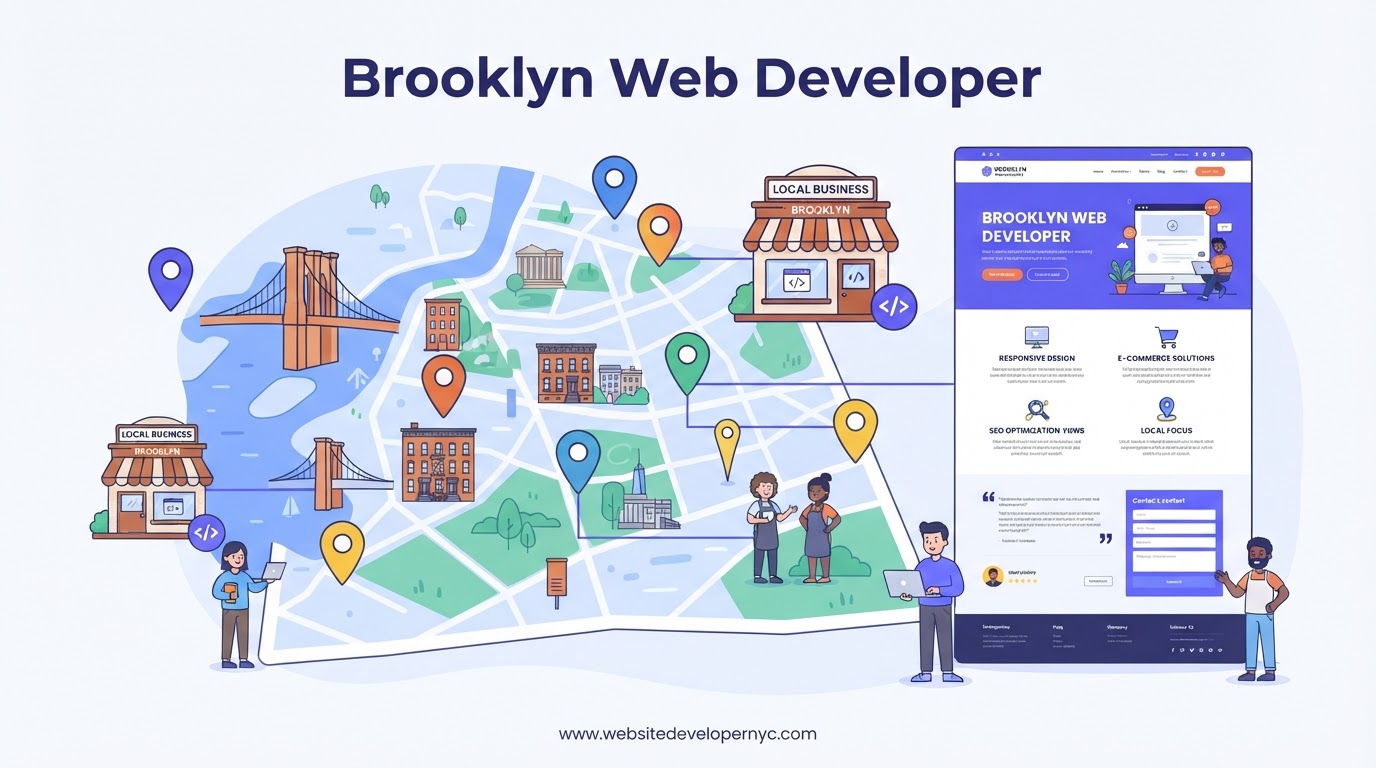 Cartoon illustration explaining website development in Brooklyn, New York, showing web design, SEO, and mobile-friendly features