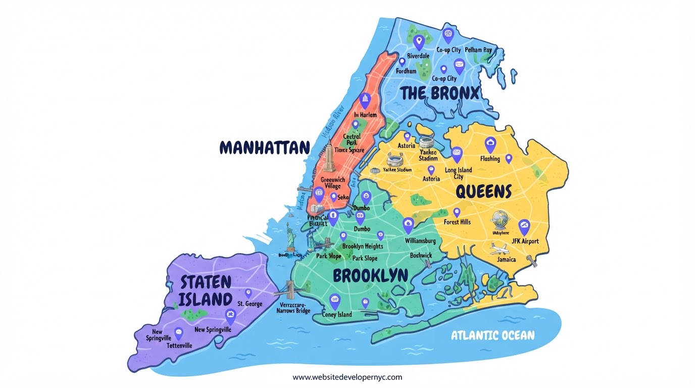 Cartoon map of New York City's five boroughs with website location pins