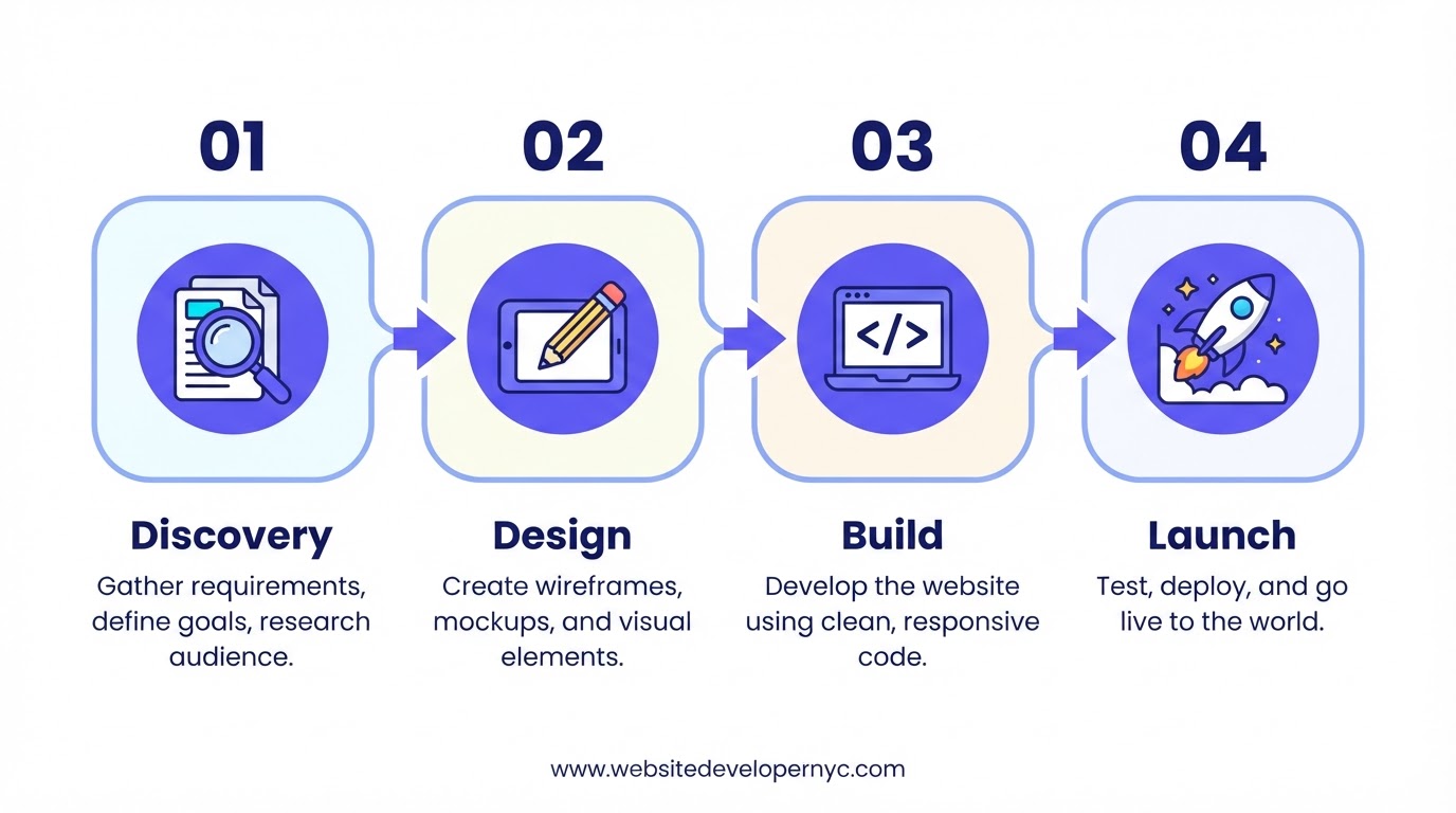 Cartoon illustration of the SITEBOW website development process: discovery, design, build, launch