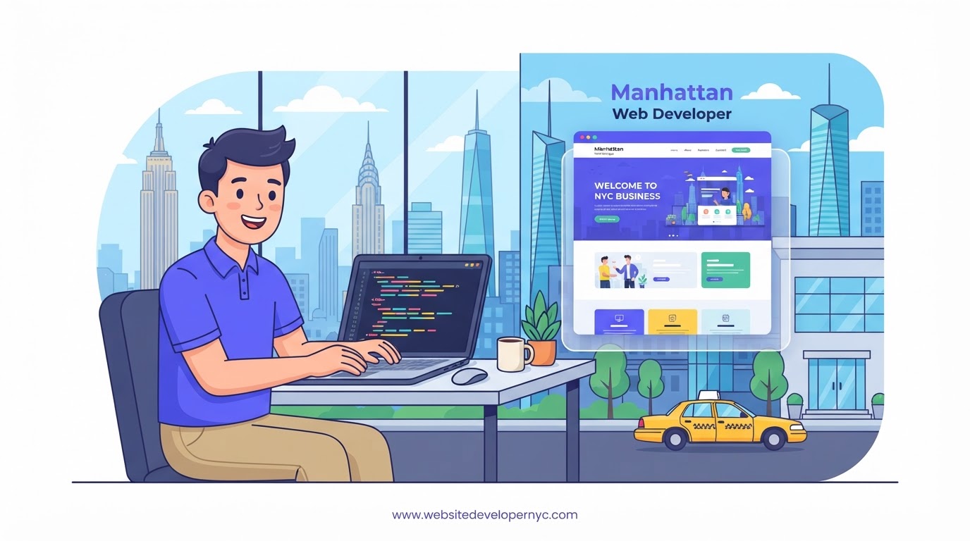 Cartoon illustration of a website developer in Manhattan, New York