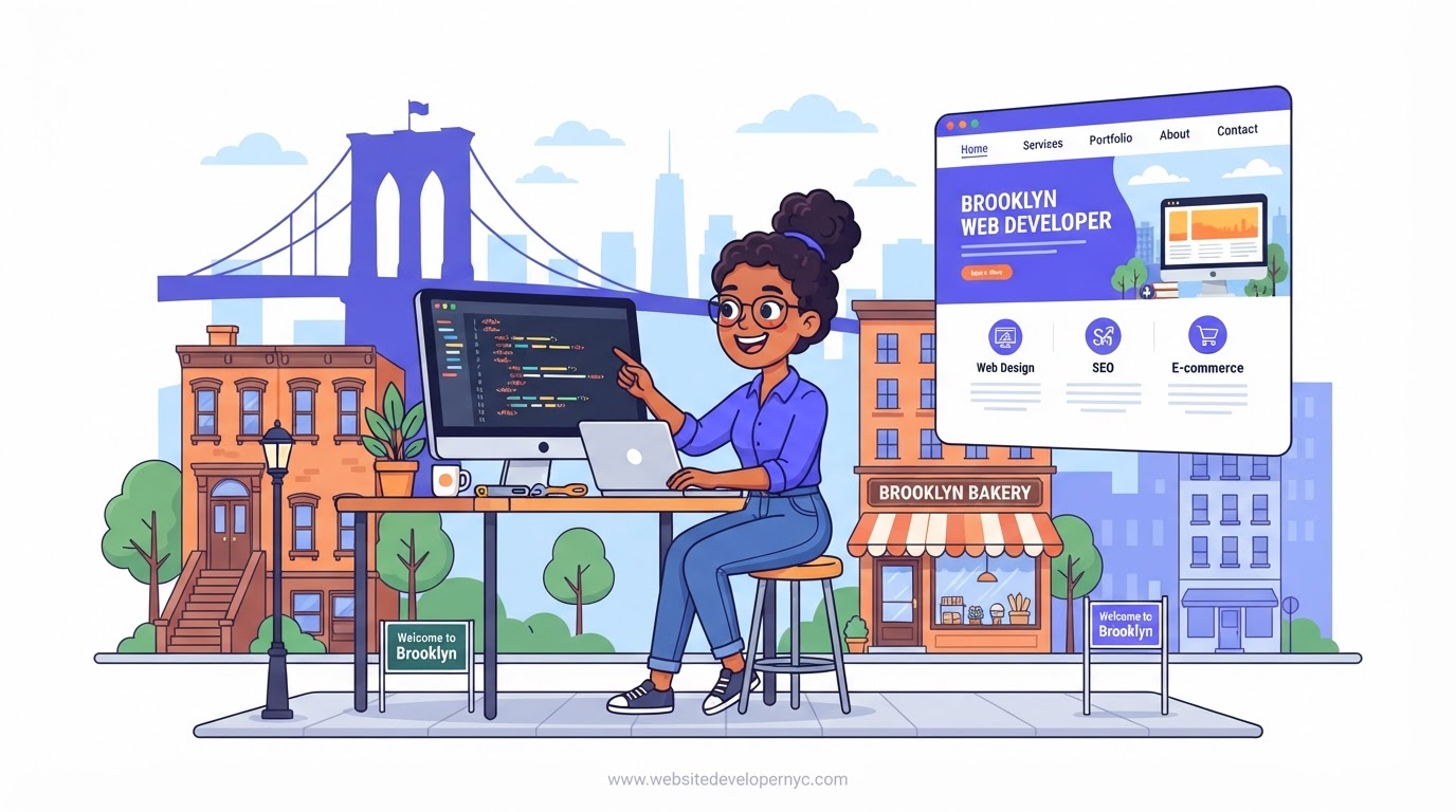 Cartoon illustration of a website developer in Brooklyn, New York