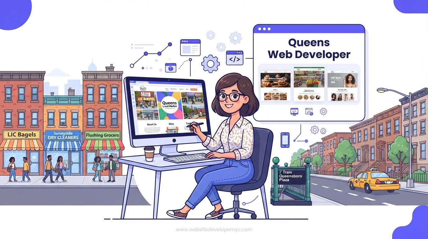 Cartoon illustration of a website developer in Queens, New York