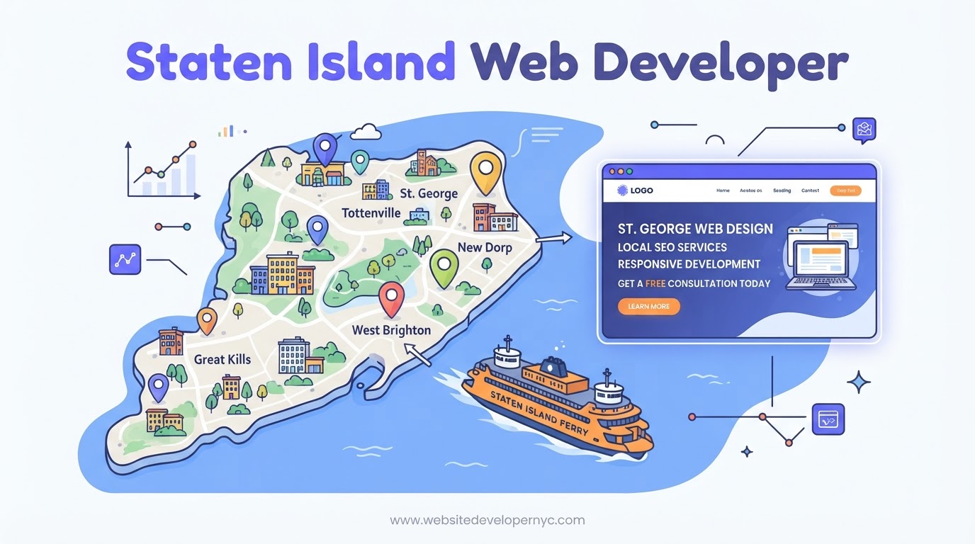 Cartoon illustration explaining website development in Staten Island, New York, showing web design, SEO, and mobile-friendly features