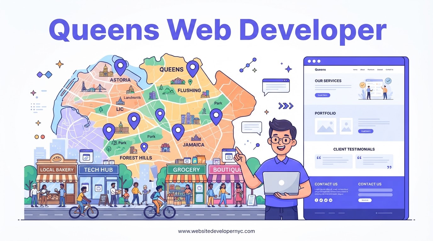 Cartoon illustration explaining website development in Queens, New York, showing web design, SEO, and mobile-friendly features