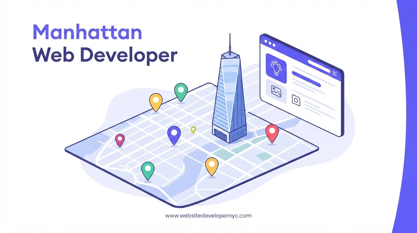 Cartoon illustration explaining website development in Midtown, Manhattan, showing web design, SEO, and mobile-friendly features