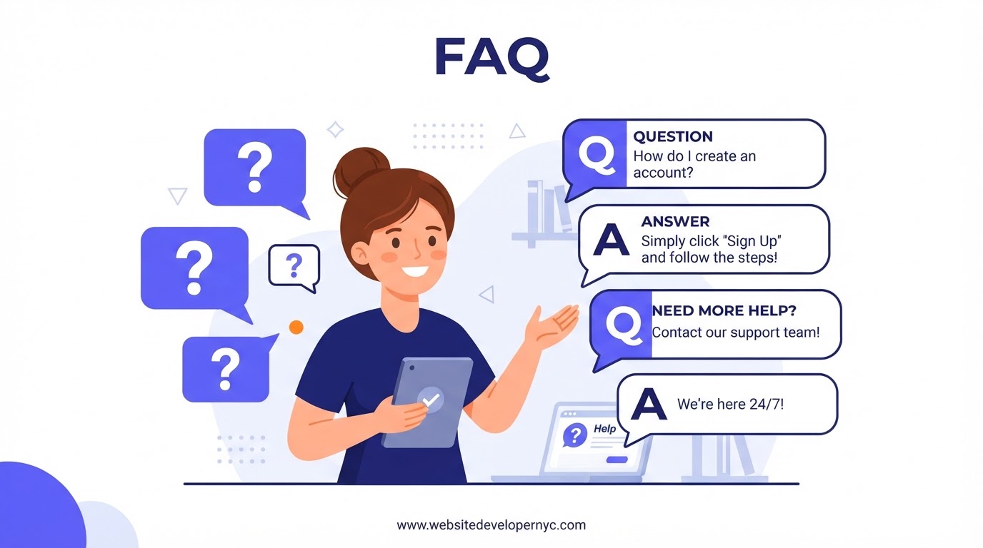 Cartoon illustration of website developer questions being answered by SITEBOW