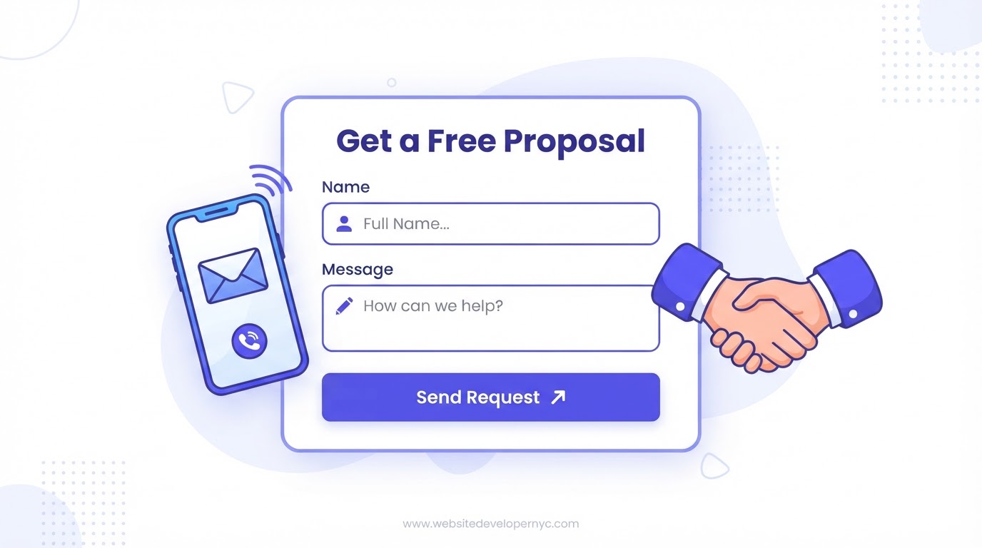 Cartoon illustration of requesting a free website developer proposal from SITEBOW