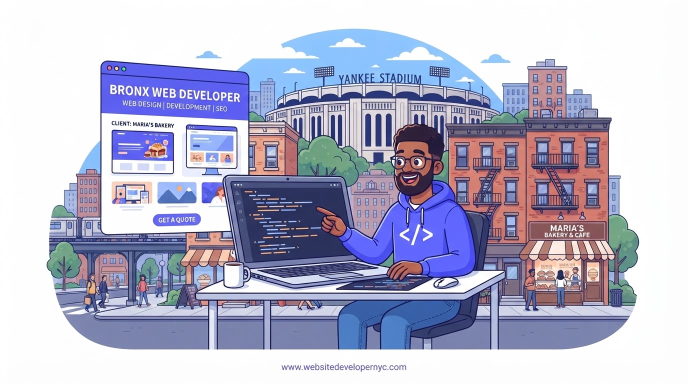 Cartoon illustration of a website developer in Bronx, New York