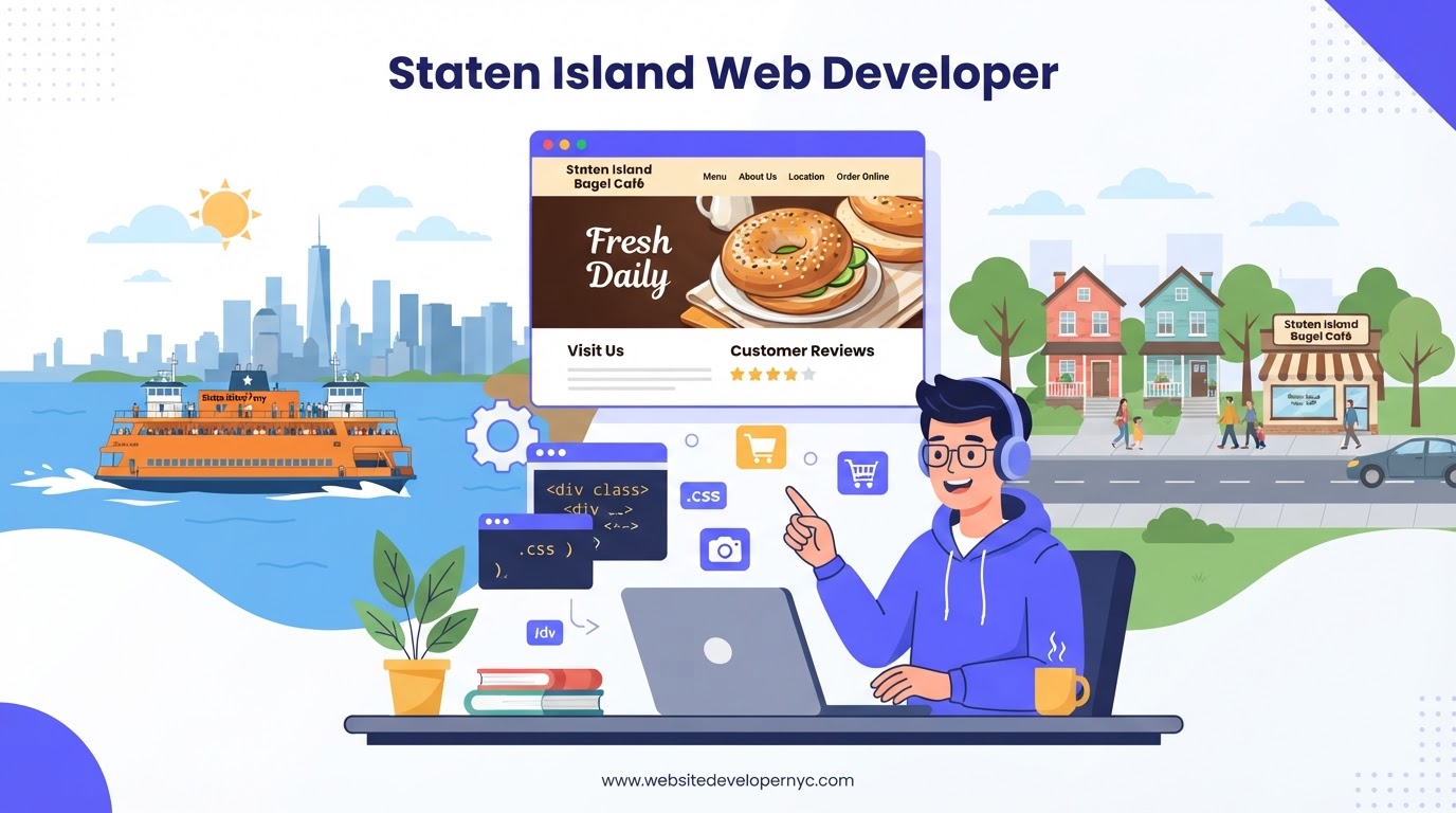Cartoon illustration of a website developer in Staten Island, New York