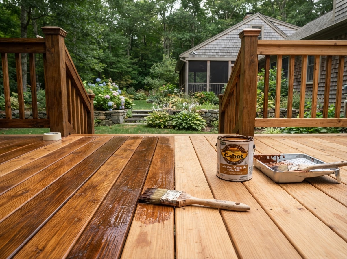 Deck painting and staining service showing prepared deck wood and clean finish in Middlesex County