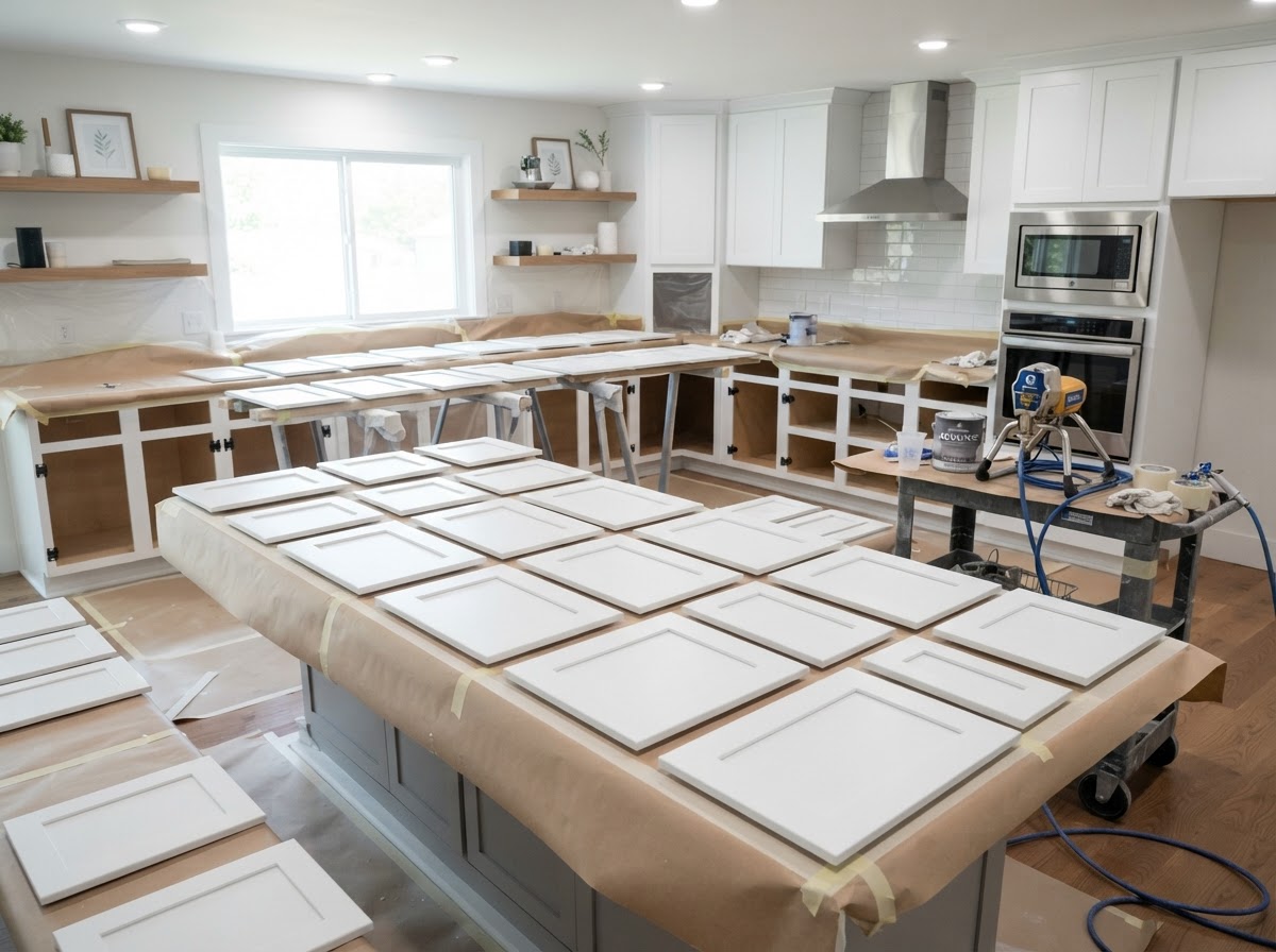 Cabinet painting service showing protected kitchen cabinets and freshly painted finishes in a Waltham, MA home