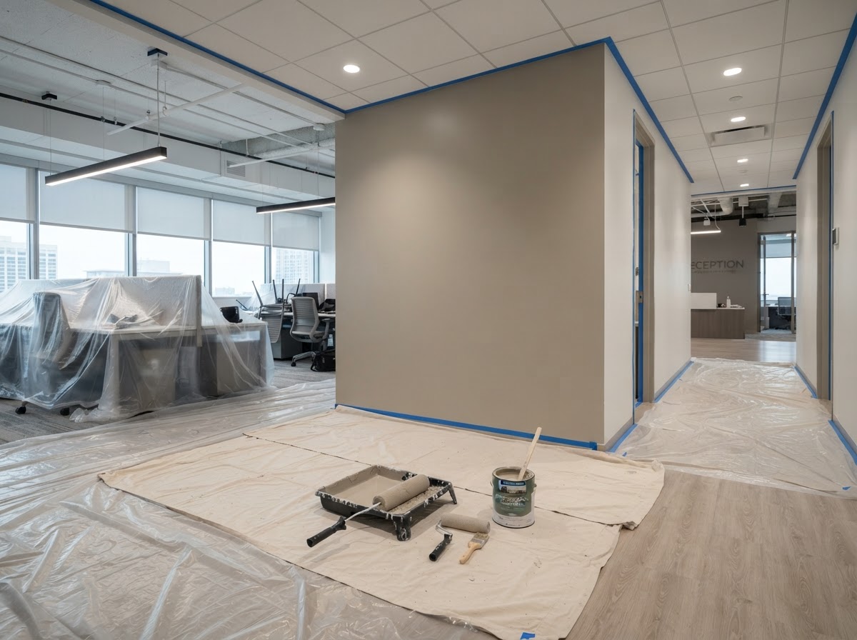 Commercial painting service showing an office space with protected work areas and freshly painted walls in Waltham, MA
