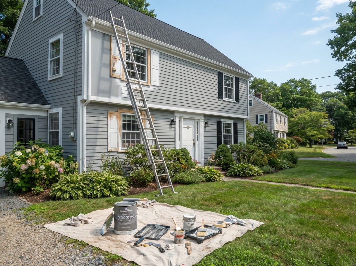 Exterior house painting service showing a home with protected trim and freshly painted siding in Waltham, MA