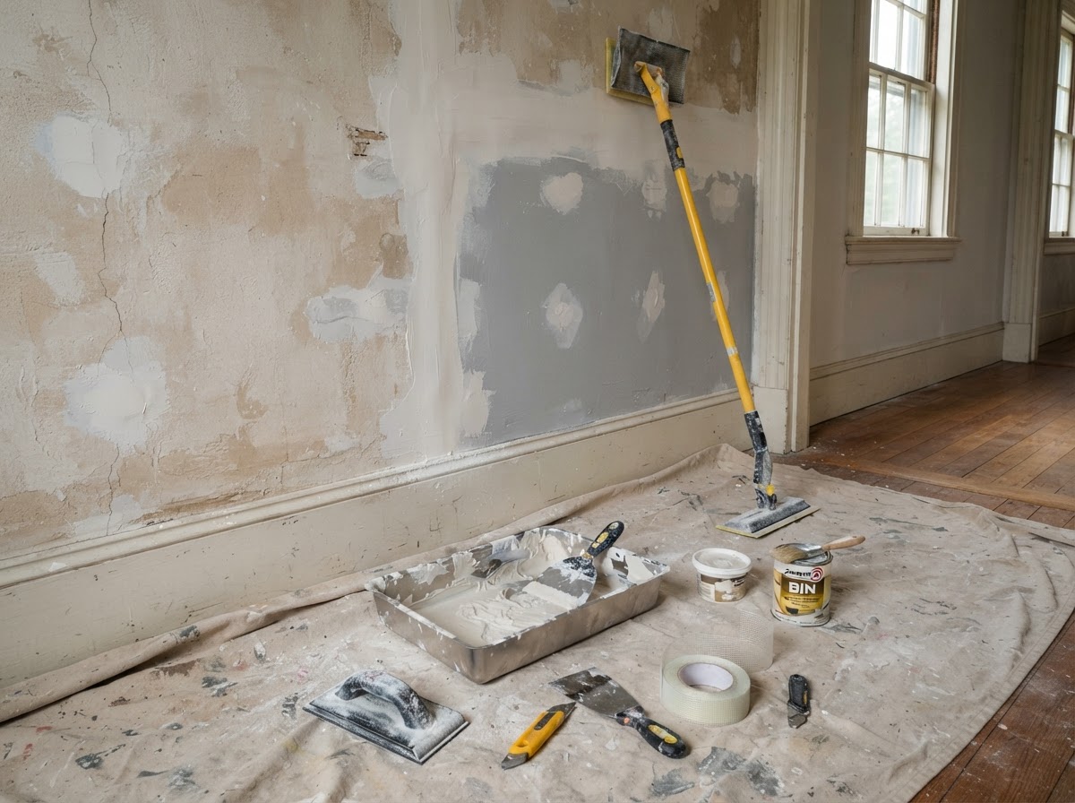 Drywall repair and surface prep showing skim coating and smooth sanding on older plaster walls