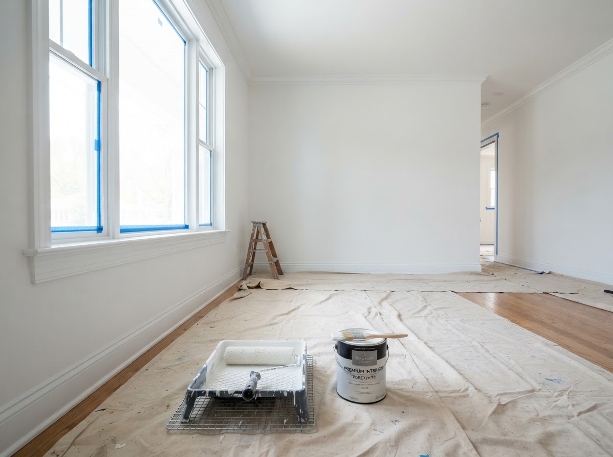 Interior painting service showing protected furniture and freshly painted walls in a Waltham, MA home