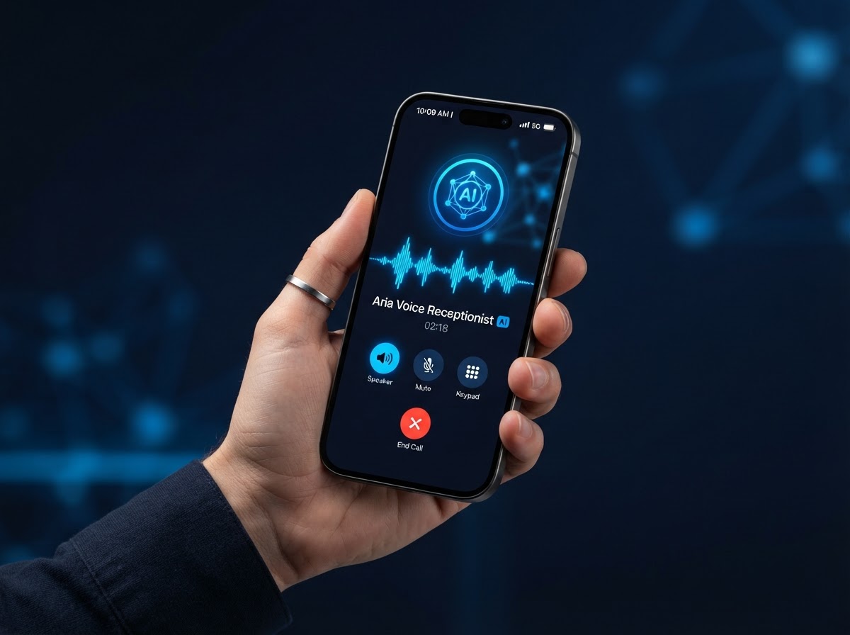 iPhone displaying a Logic Pulse Voice AI receptionist phone call in progress
