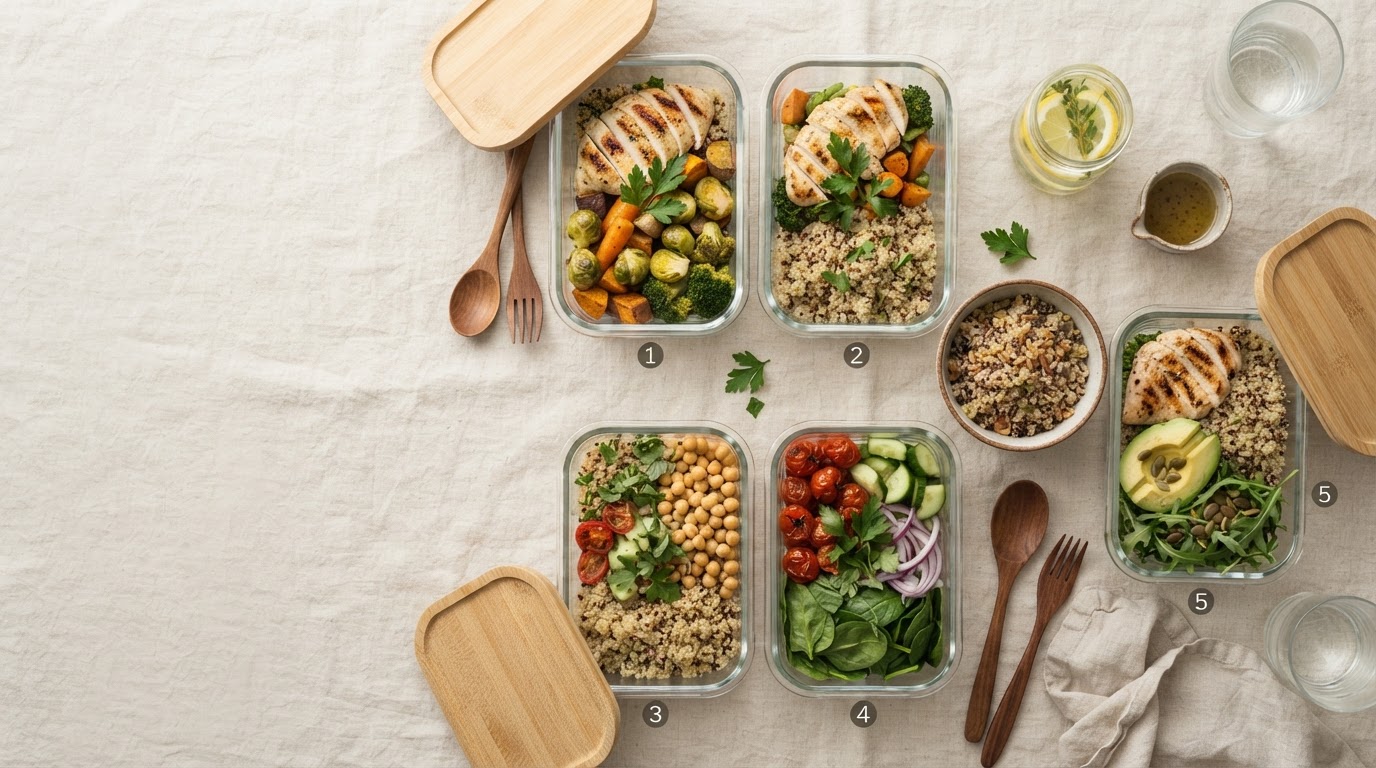 Meal-prep spread of roasted vegetables, grilled chicken, and grains