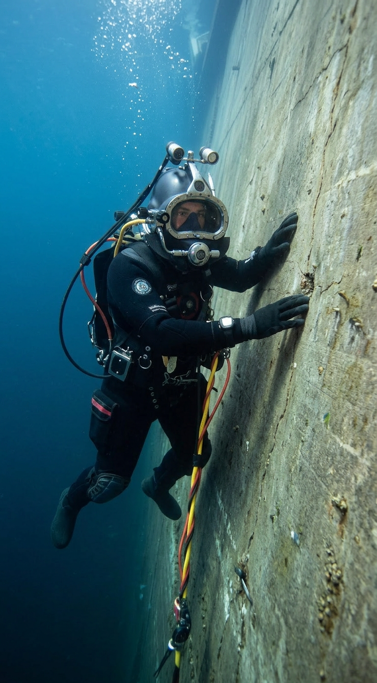 Buzo comercial con casco y umbilical inspeccionando fisuras en muro de concreto sumergido