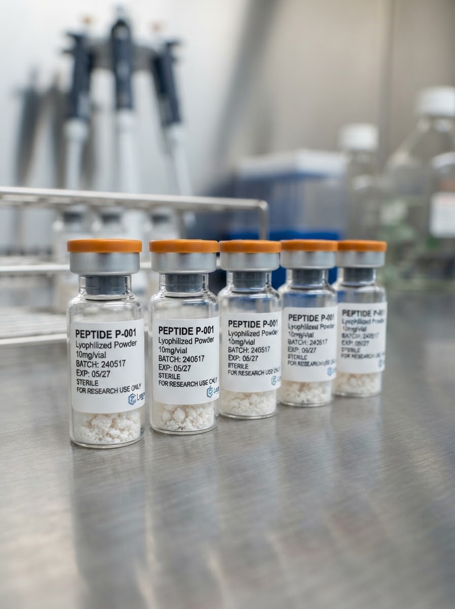 Lyophilized peptide vials in sterile glass