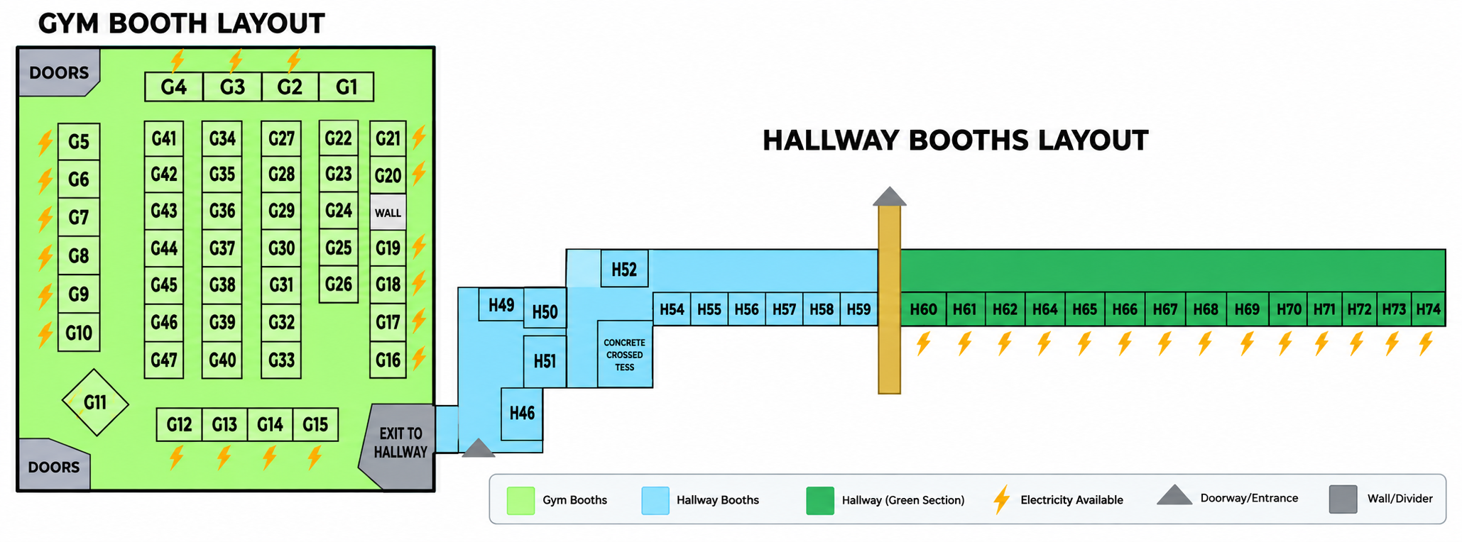 Gym and Hallway booth layout map showing booth numbers and electrical availability