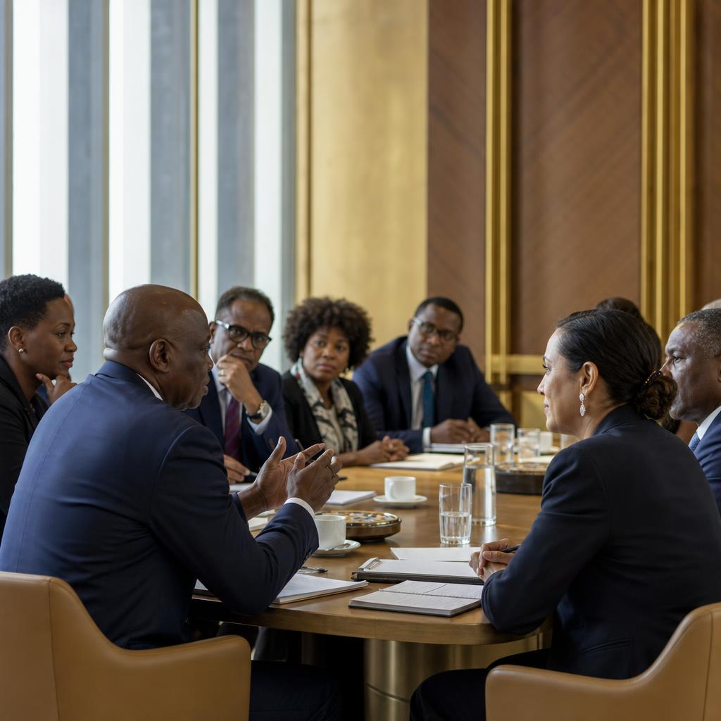 Business and civic leaders collaborating around a conference table
