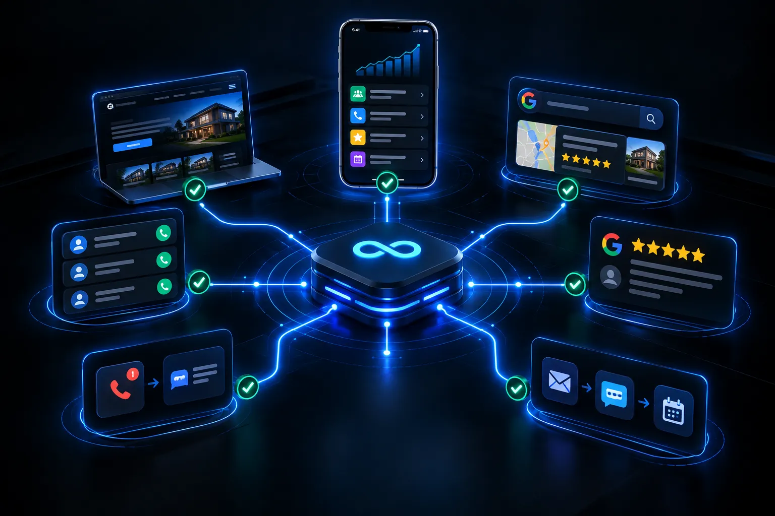 Evolution Automations 24/7 connected ecosystem hub connecting website, phone, Google visibility, reviews, missed call text-back, and follow-up sequences