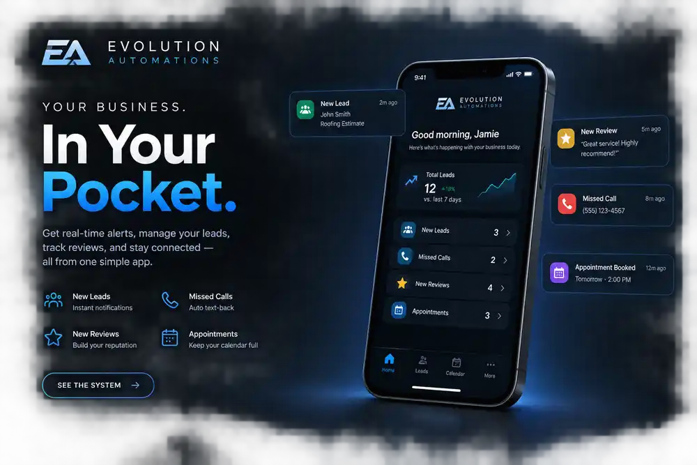Evolution Automations — Your Business In Your Pocket mobile app showing real-time alerts, new leads, missed calls, reviews, and appointments
