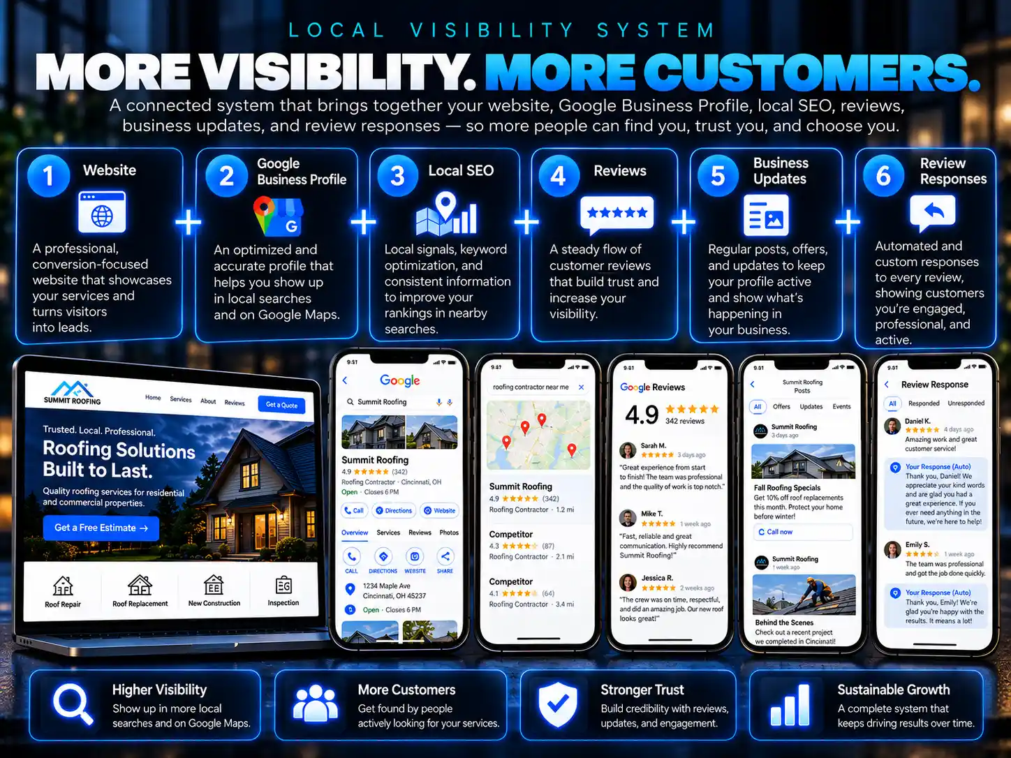 Local Visibility System: More Visibility. More Customers. Connected system connecting Website, Google Business Profile, Local SEO, Reviews, Business Updates, and Review Responses.