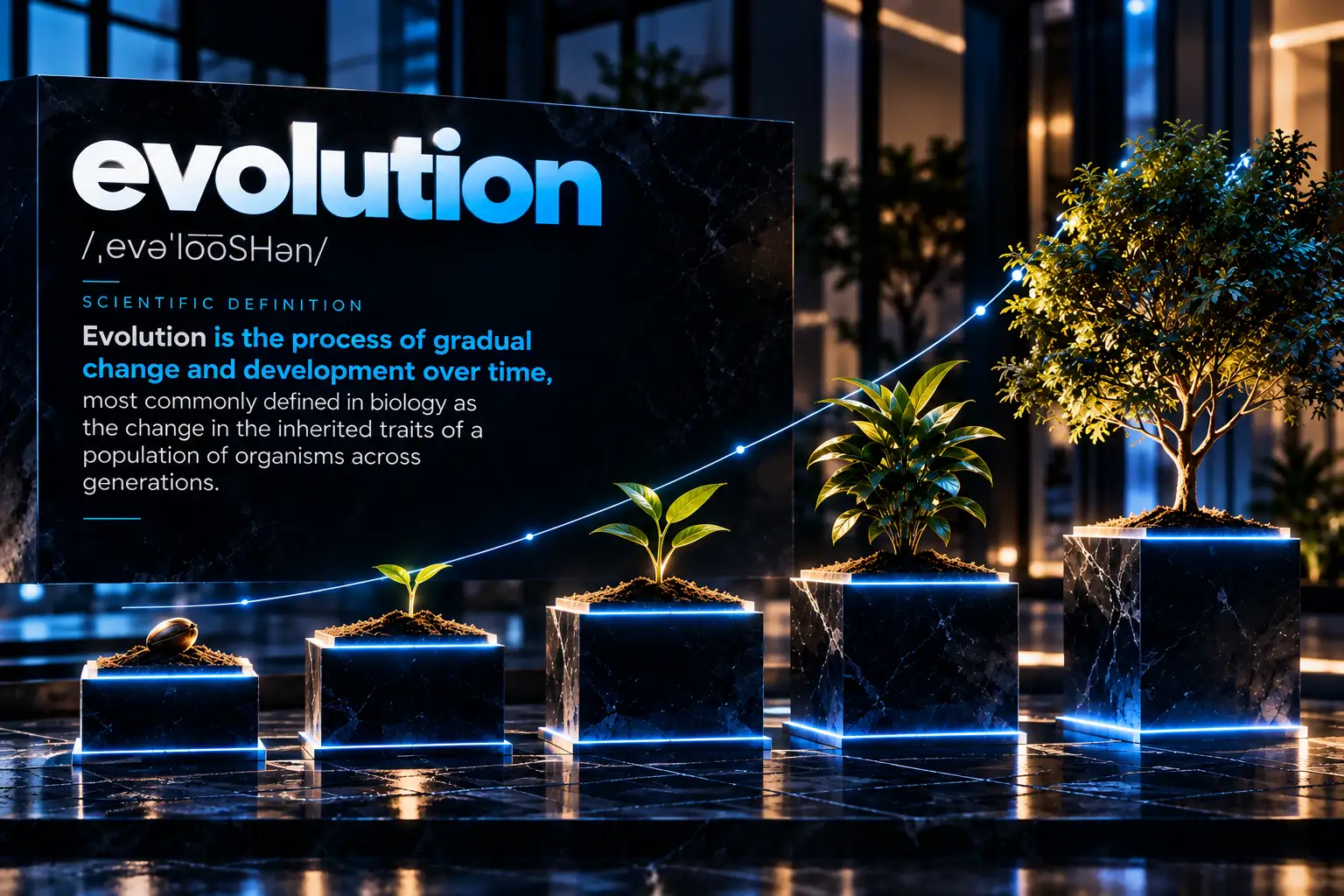 Evolution: The process of gradual change and development over time, depicted with staged growth from seed to tree