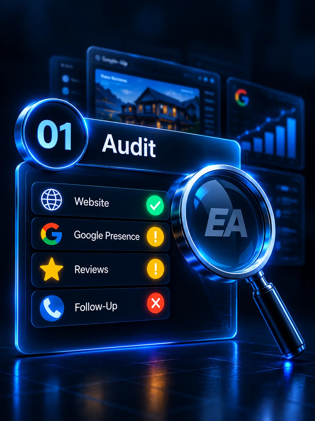 Stage 01 Audit illustration showing Website, Google Presence, Reviews, Follow-Up audit diagnostics with magnifying glass