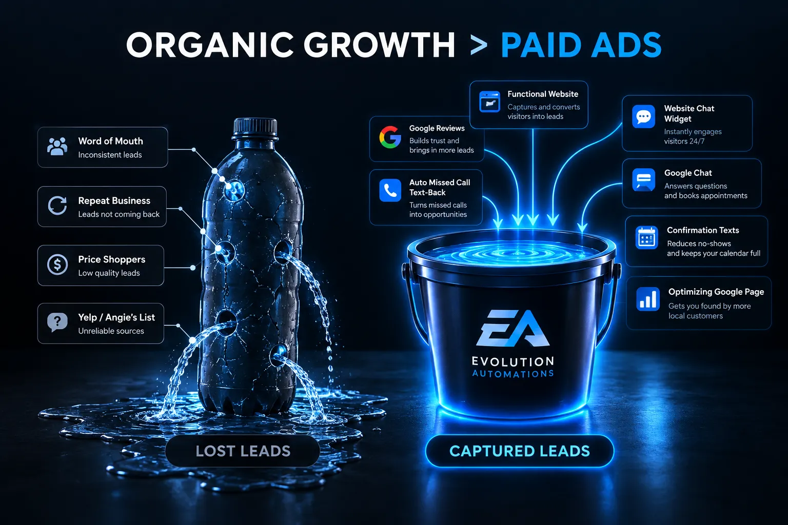 Organic Growth vs Paid Ads — Leaky Bottle (Lost Leads: word of mouth, repeat business, price shoppers, unreliable sources) versus Evolution Automations Captured Leads Bucket (Functional Website, Google Reviews, Auto Missed Call Text-Back, Website Chat Widget, Google Chat, Confirmation Texts, Optimizing Google Page)