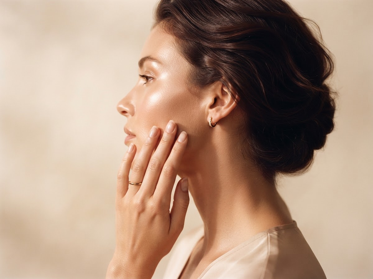 Soft silhouette with radiant skin in warm rose-gold light