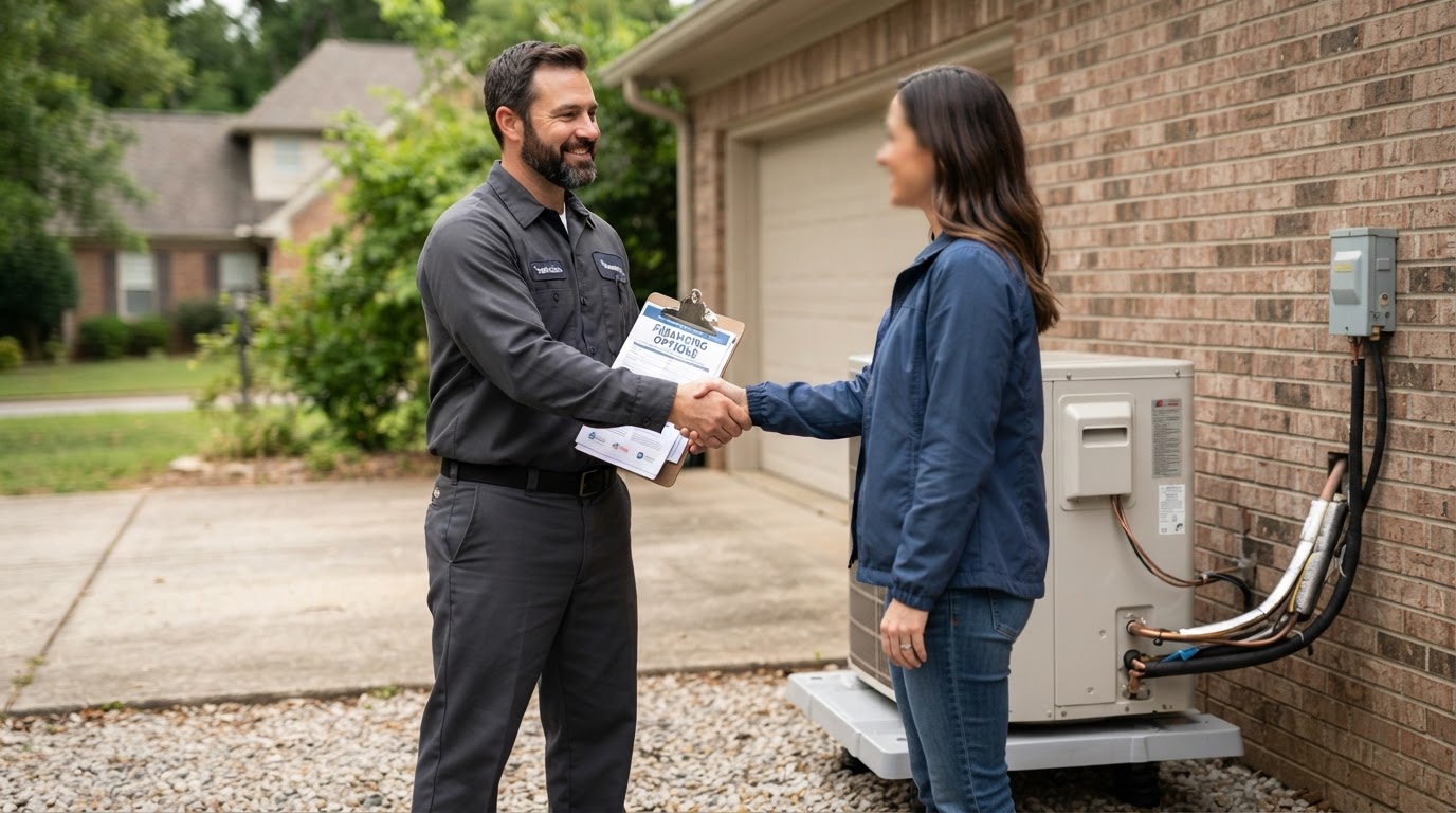 HVAC technician reviewing financing options with a homeowner beside a newly installed AC system in Bakersfield, CA