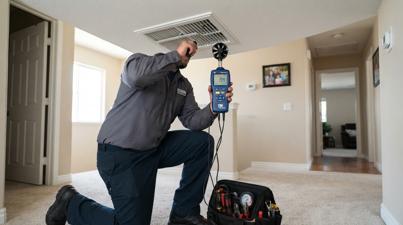 Airflow Balance being performed by a licensed HVAC technician in Bakersfield and Kern County, California