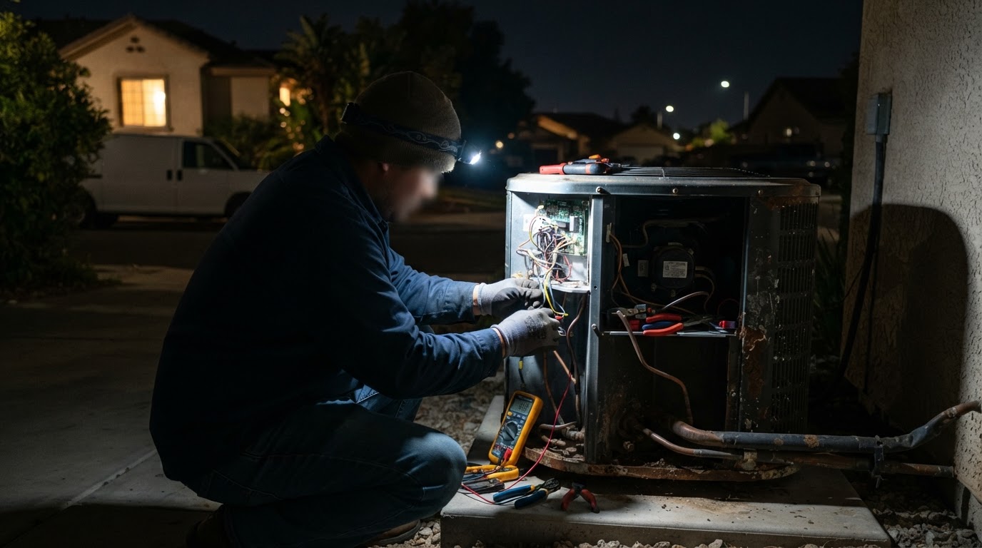 Emergency AC Repair being performed by a licensed HVAC technician in Bakersfield and Kern County, California
