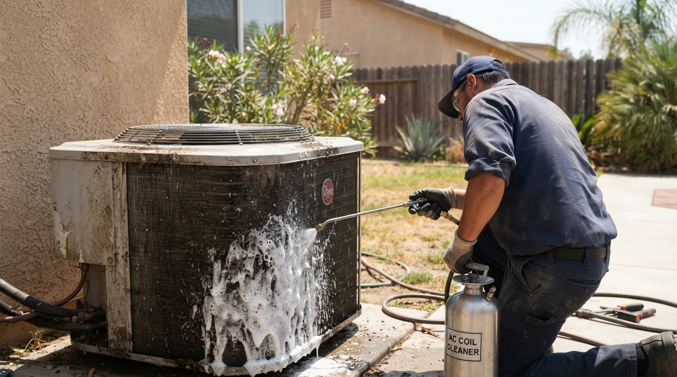 AC Maintenance being performed by a licensed HVAC technician in Bakersfield and Kern County, California