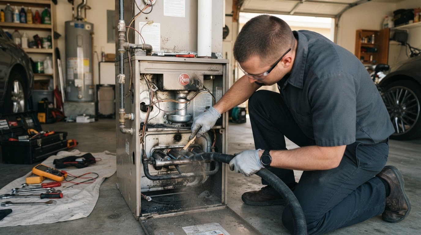 Heating Maintenance being performed by a licensed HVAC technician in Bakersfield and Kern County, California