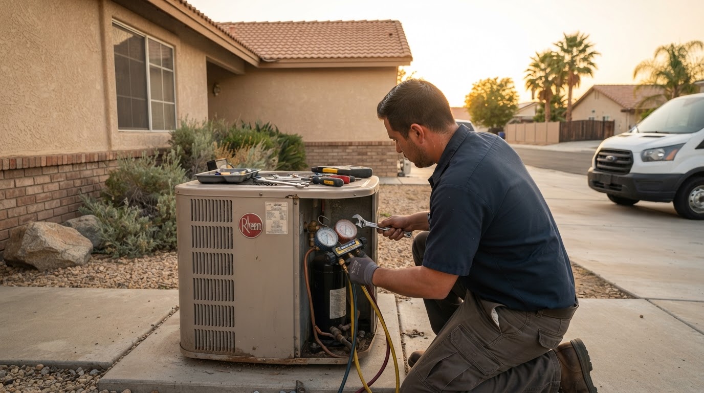 AC Repair being performed by a licensed HVAC technician in Bakersfield and Kern County, California