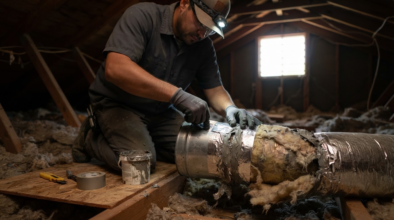 Ductwork Repair being performed by a licensed HVAC technician in Bakersfield and Kern County, California