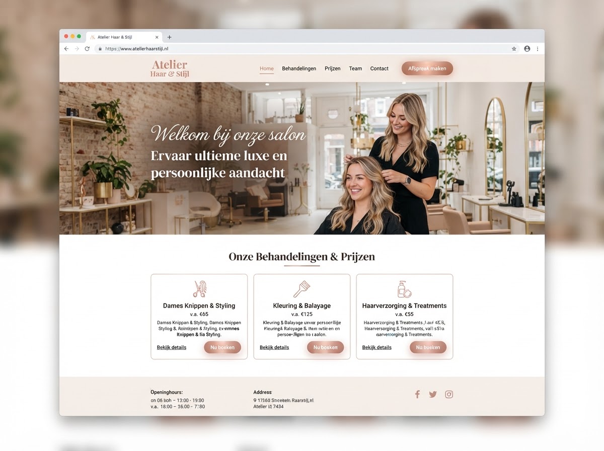 Websiteconcept voor een kapsalon — warme tinten, elegante typografie en een afspraakknop