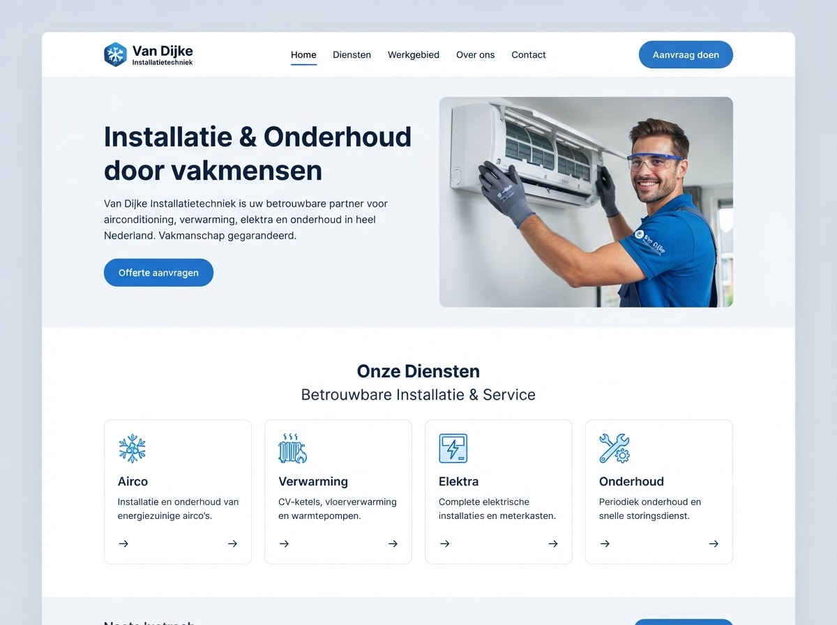Websiteconcept voor een installatiebedrijf — frisse blauwe accenten, heldere diensten en een aanvraagknop