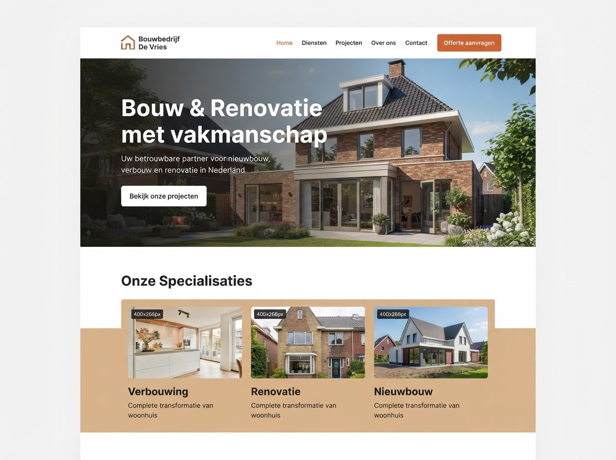 Websiteconcept voor een bouwbedrijf — warme kleuren, grote projectfoto's en een offerteknop