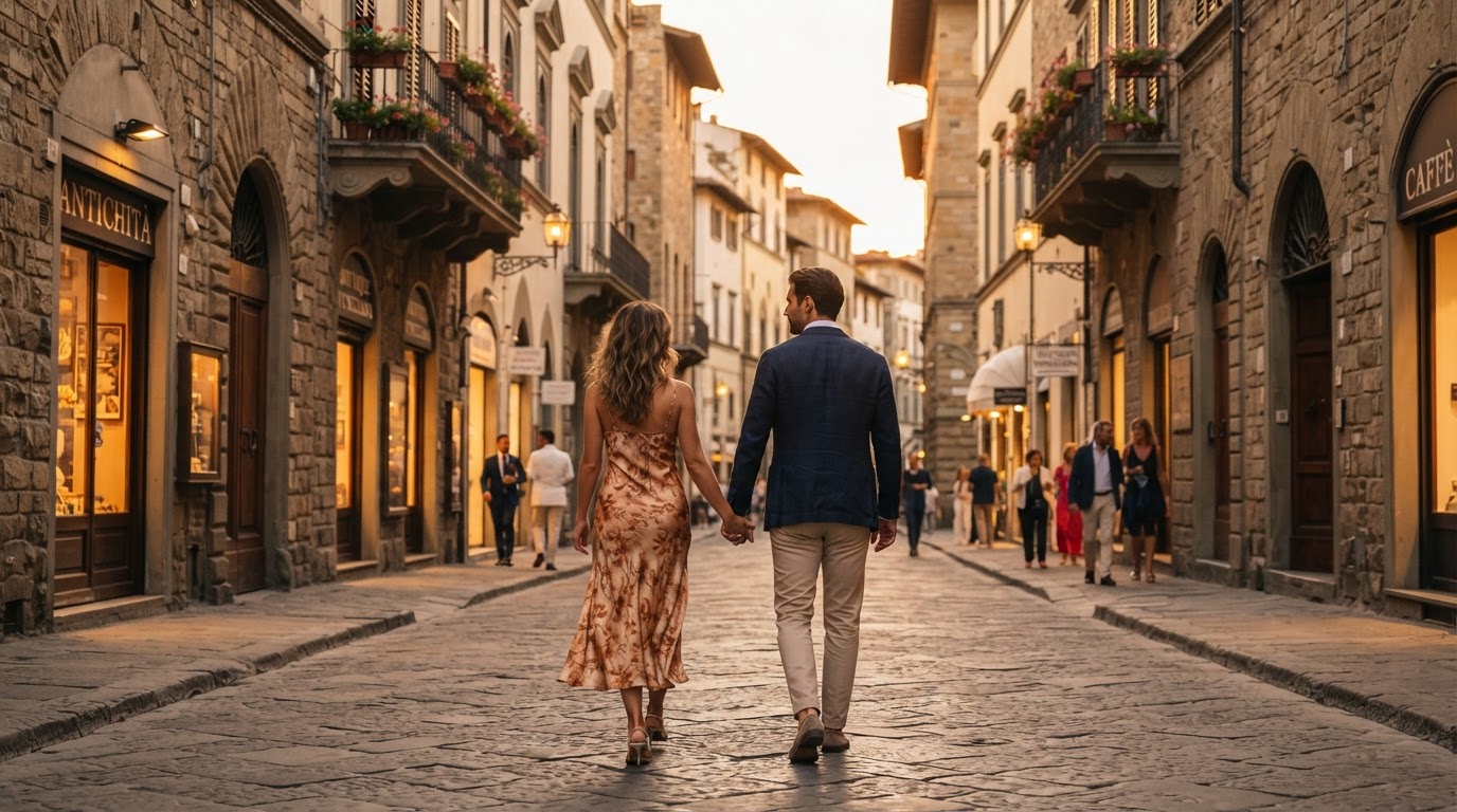 Couple walking through a beautiful European city at golden hour