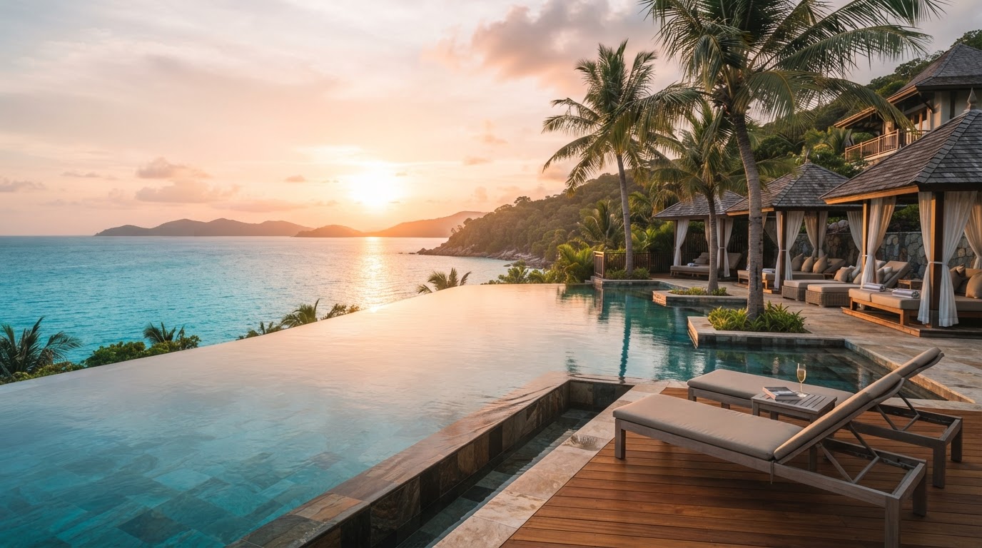 Luxury infinity pool overlooking a turquoise ocean at golden hour