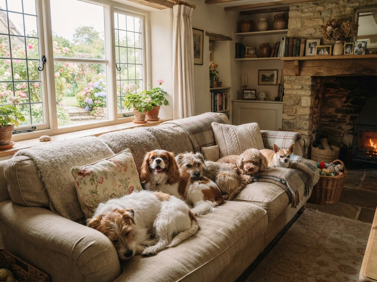 Small dogs relaxing on the sofa in a cosy boutique home