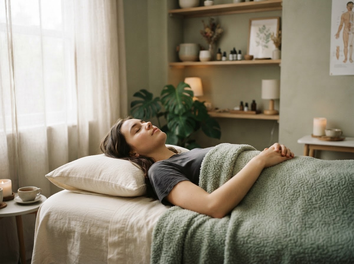 A patient resting calmly during an acupuncture wellness session
