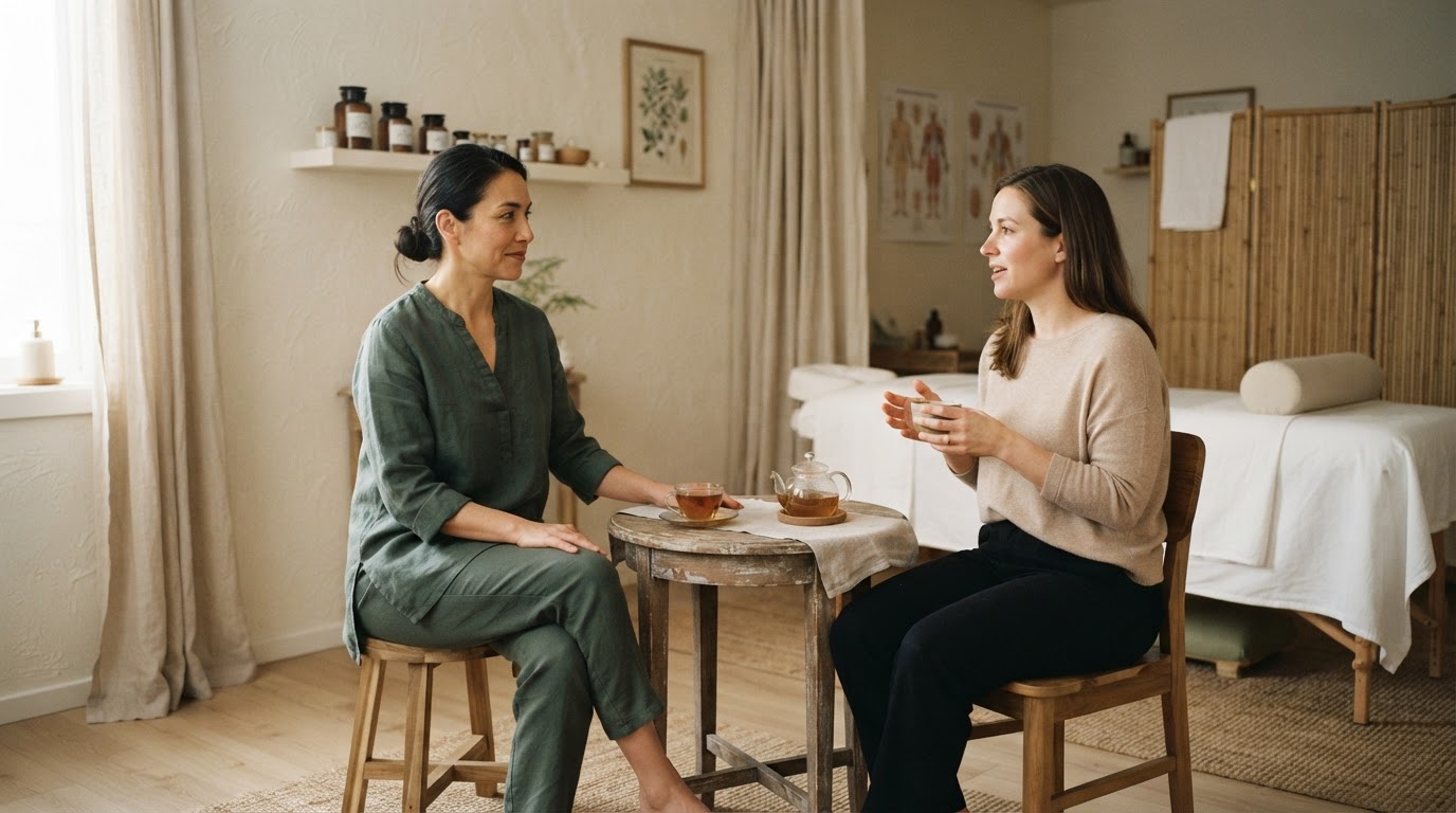 An acupuncturist listening attentively to a patient during a consultation