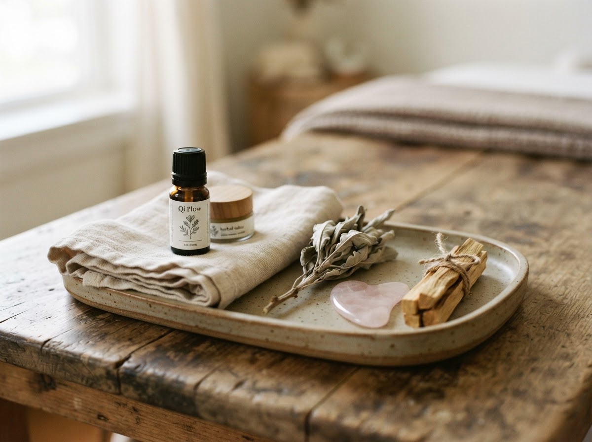 A close-up of a calm, prepared acupuncture treatment setup with soft natural light