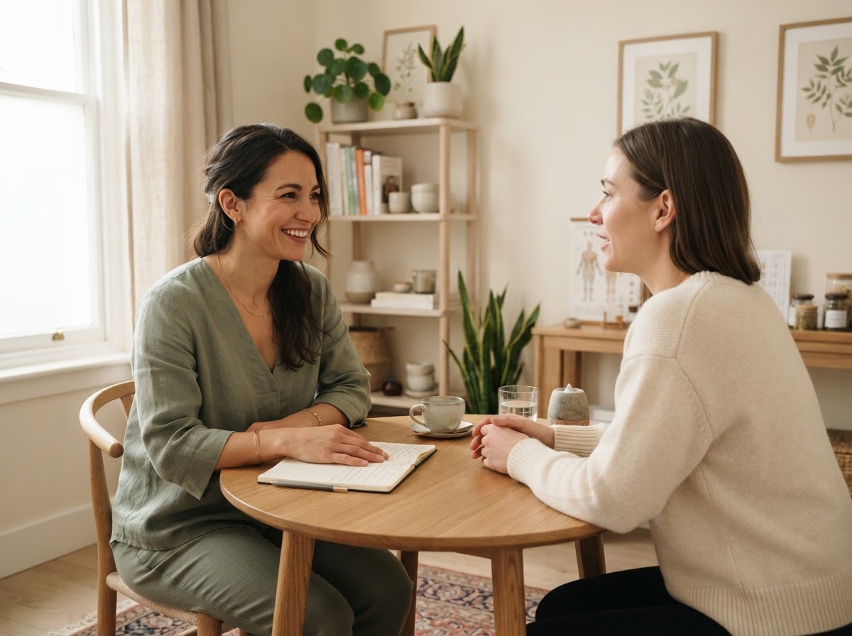 An acupuncturist listening attentively to a patient during a consultation